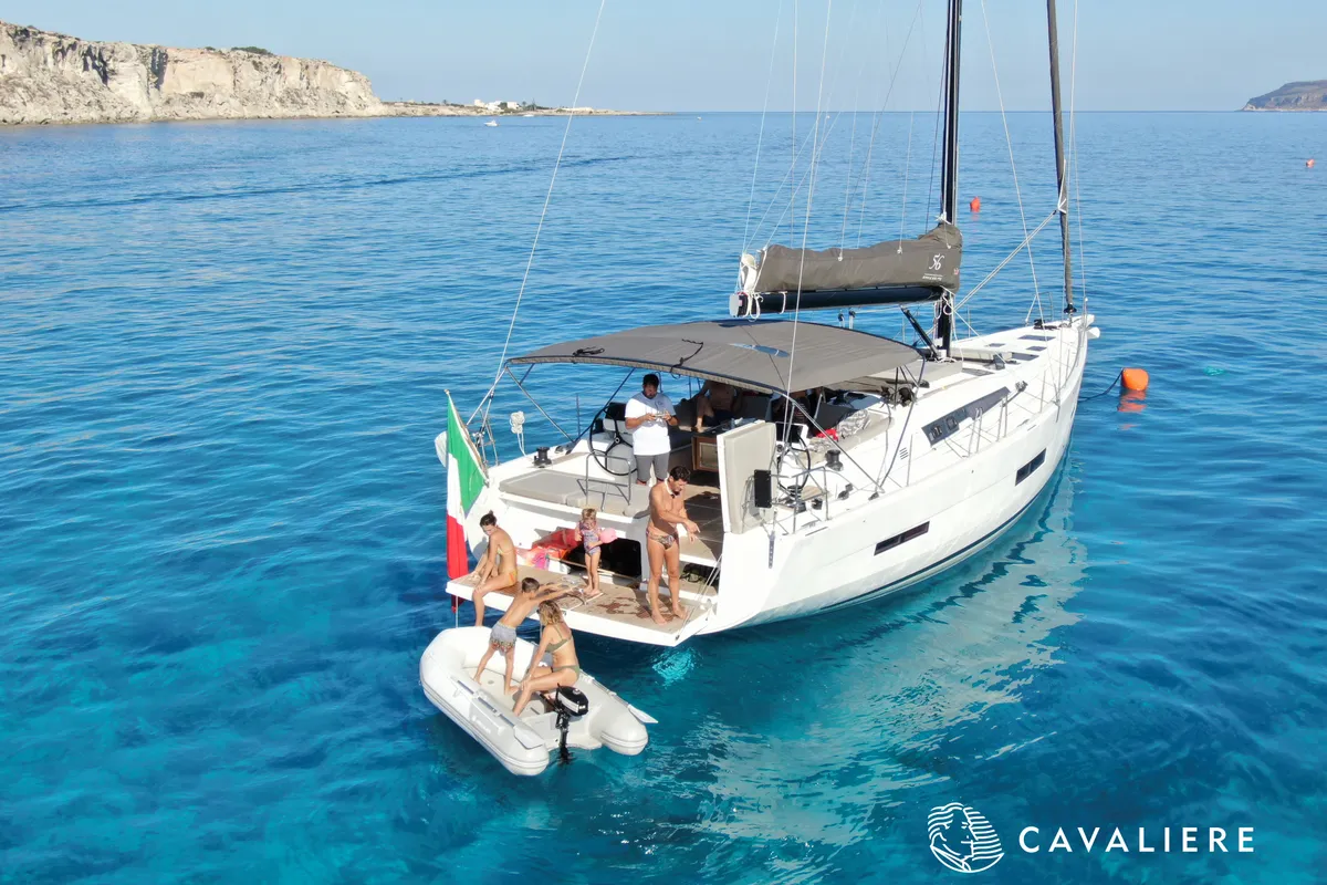 Exterior view of Premium, a Dufour 56 Exclusive sailboat at Castellammare del Golfo, Italy