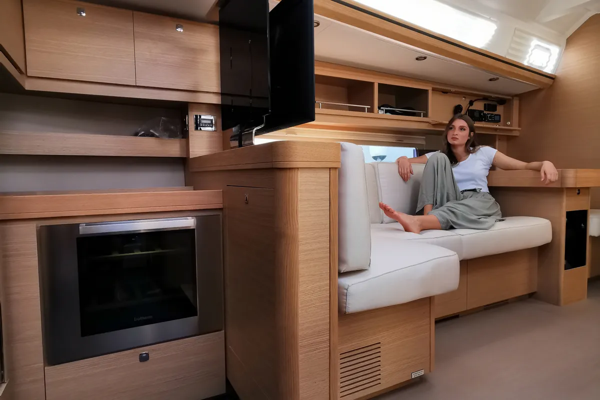 Salon of Premium, a Dufour 56 Exclusive sailboat at Castellammare del Golfo, Italy
