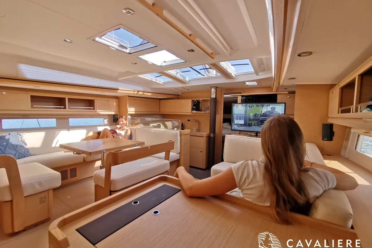 Salon of Premium, a Dufour 56 Exclusive sailboat at Castellammare del Golfo, Italy
