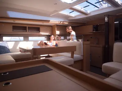 Salon of Premium, a Dufour 56 Exclusive sailboat at Castellammare del Golfo, Italy