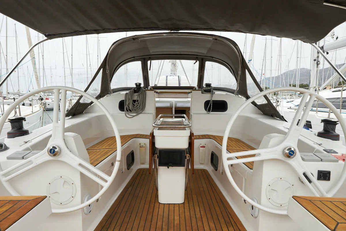 Cockpit of California, a Elan Impression 45 sailboat at Grad Kaštela, Croatia