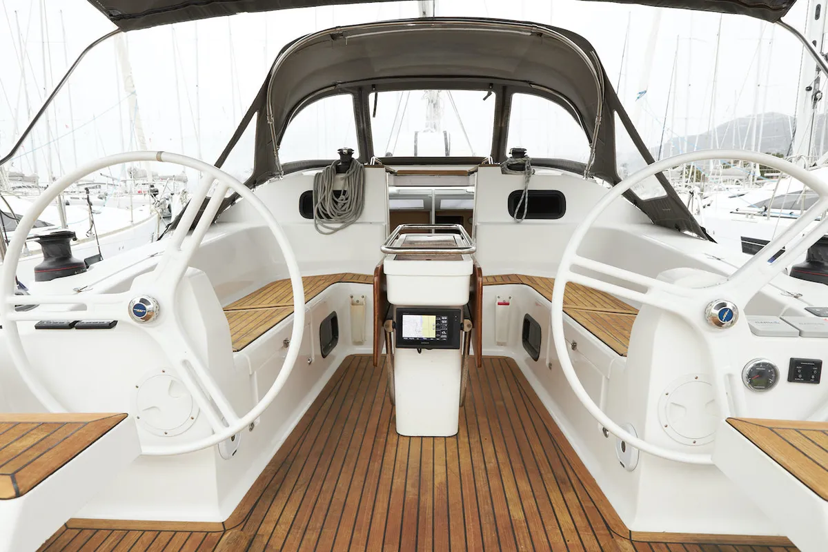 Cockpit of California, a Elan Impression 45 sailboat at Grad Kaštela, Croatia