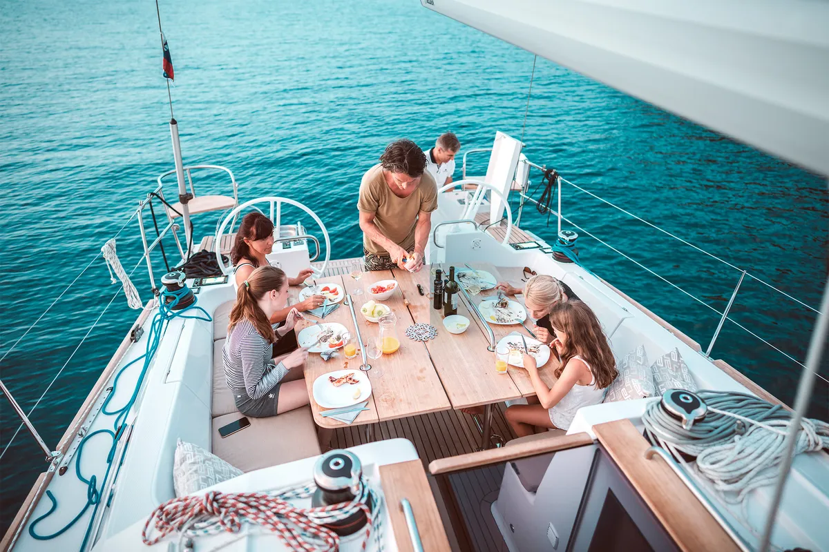 Deck of REBEL YELL, a Elan Impression 45.1 sailboat at Pula, Croatia