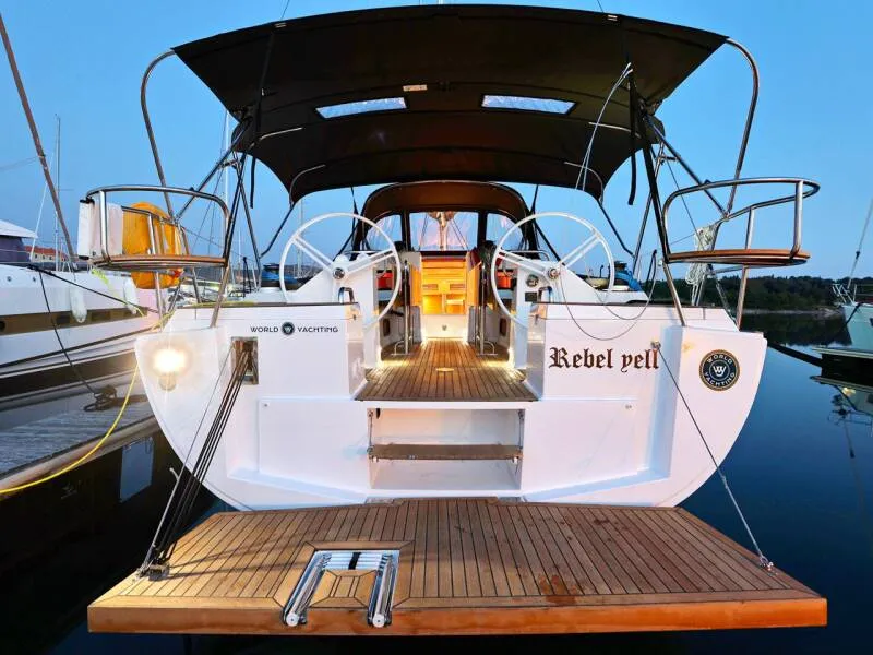 Exterior view of REBEL YELL, a Elan Impression 45.1 sailboat at Pula, Croatia