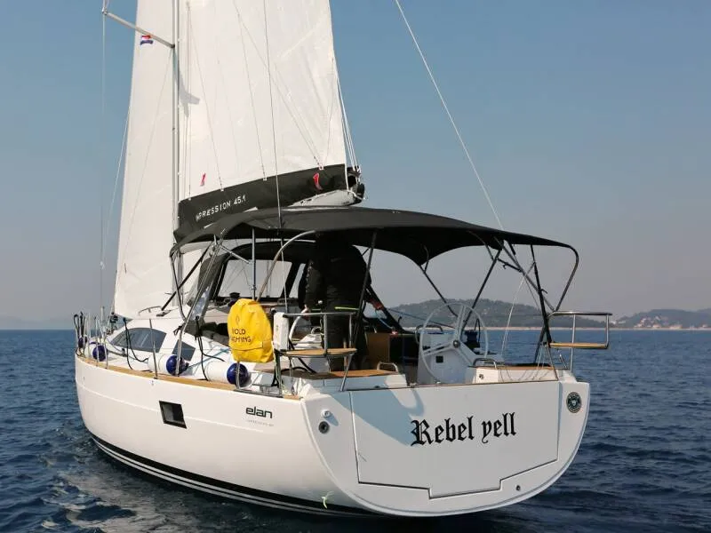 Exterior view of REBEL YELL, a Elan Impression 45.1 sailboat at Pula, Croatia