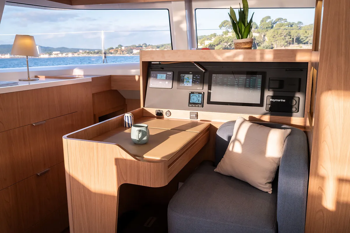 Cockpit of Lumière, a Bali 5.2 catamaran at Općina Sukošan, Croatia