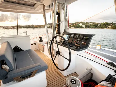 Cockpit of Lumière, a Bali 5.2 catamaran at Općina Sukošan, Croatia