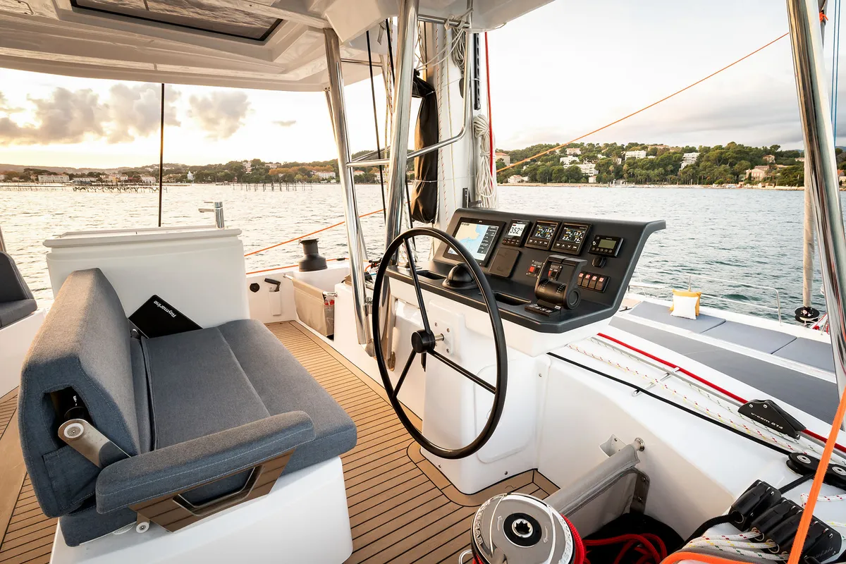Cockpit of Lumière, a Bali 5.2 catamaran at Općina Sukošan, Croatia