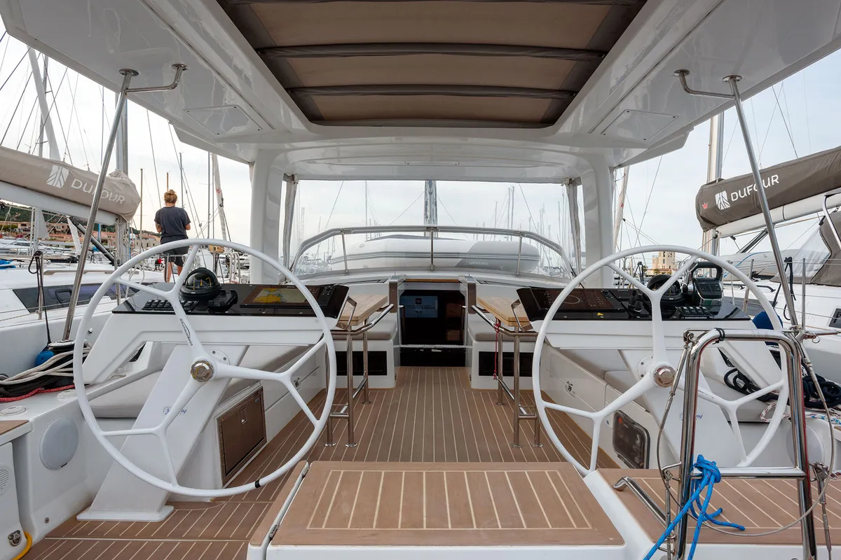 Cockpit of Orsasei, a Hanse 460 sailboat at Cannigione, Italy
