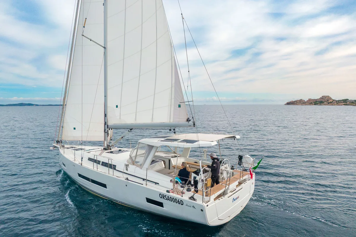 Exterior view of Orsasei, a Hanse 460 sailboat at Cannigione, Italy