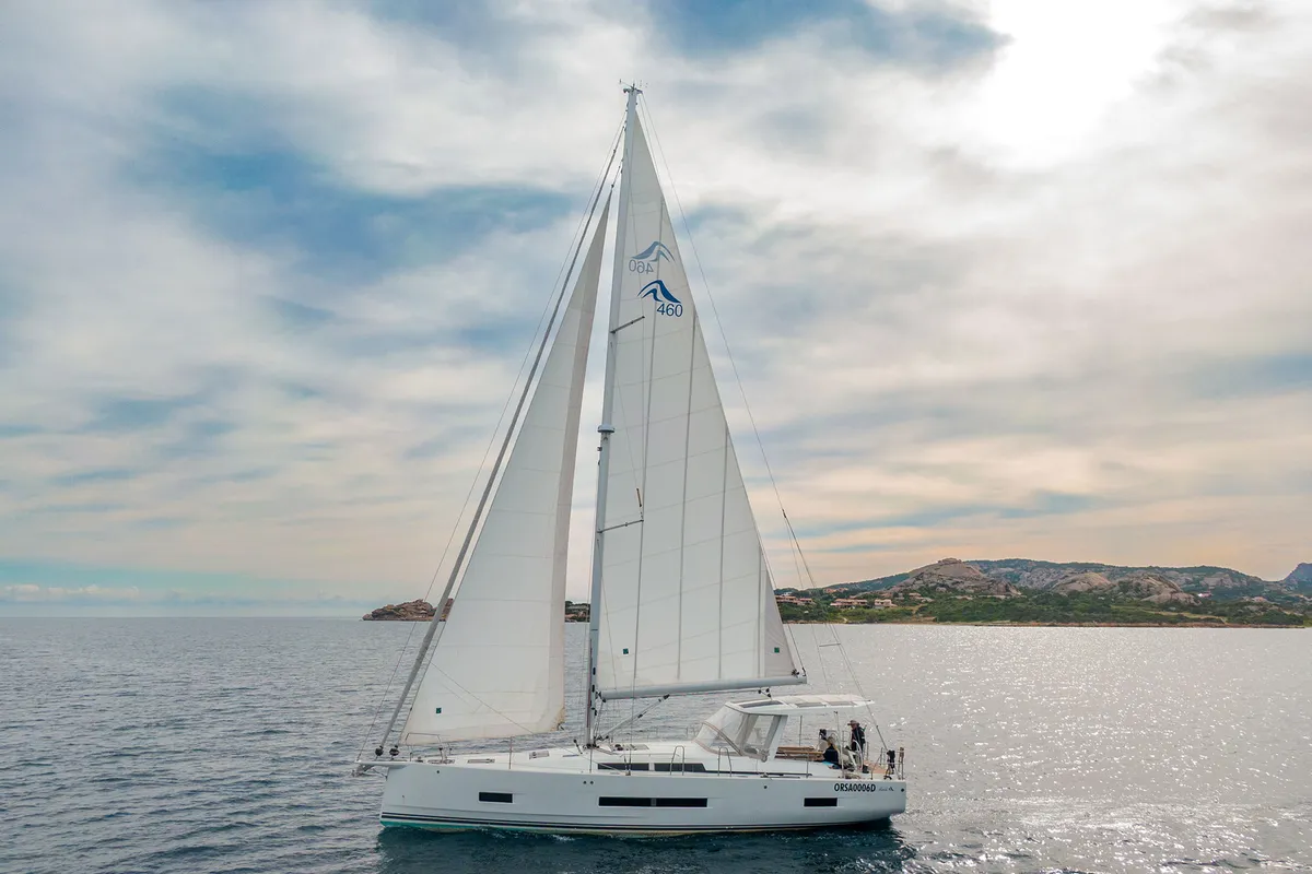 Exterior view of Orsasei, a Hanse 460 sailboat at Cannigione, Italy
