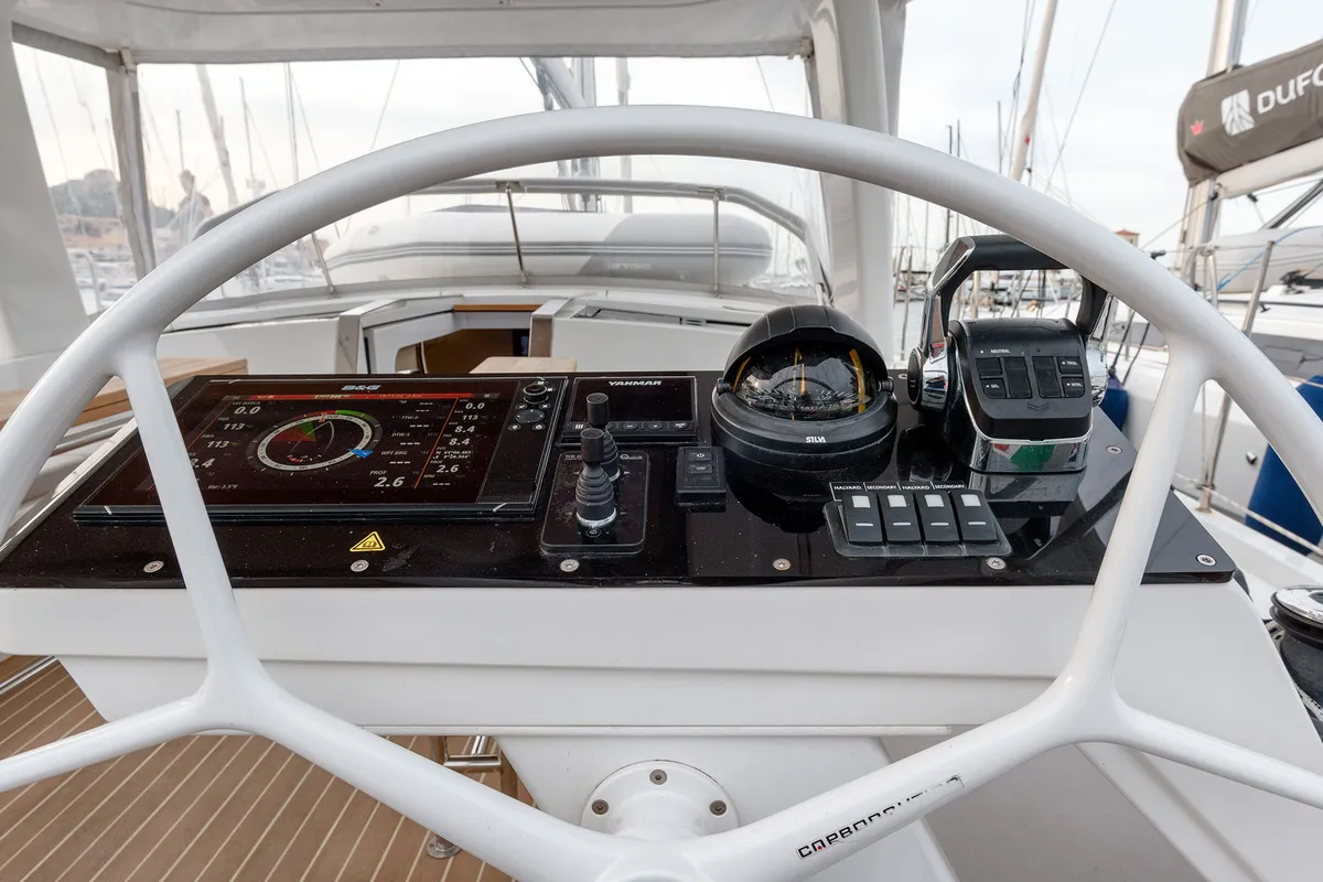 Cockpit of Orsasei, a Hanse 460 sailboat at Cannigione, Italy