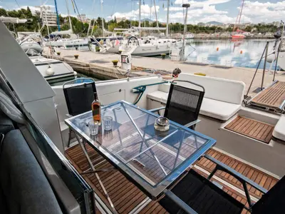Deck of Ferretti 47, a Gulet Motoryacht motorboat at Mykonos, Greece