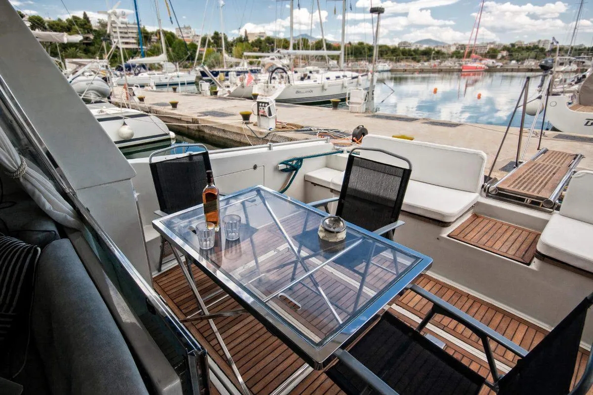 Deck of Ferretti 47, a Gulet Motoryacht motorboat at Mykonos, Greece