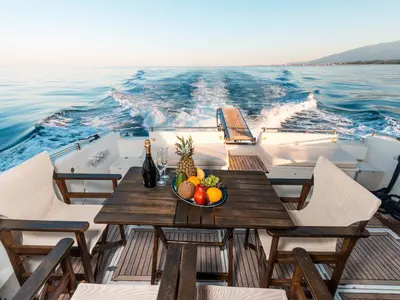 Deck of Ferretti 47, a Gulet Motoryacht motorboat at Mykonos, Greece