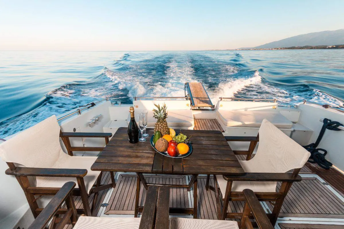 Deck of Ferretti 47, a Gulet Motoryacht motorboat at Mykonos, Greece