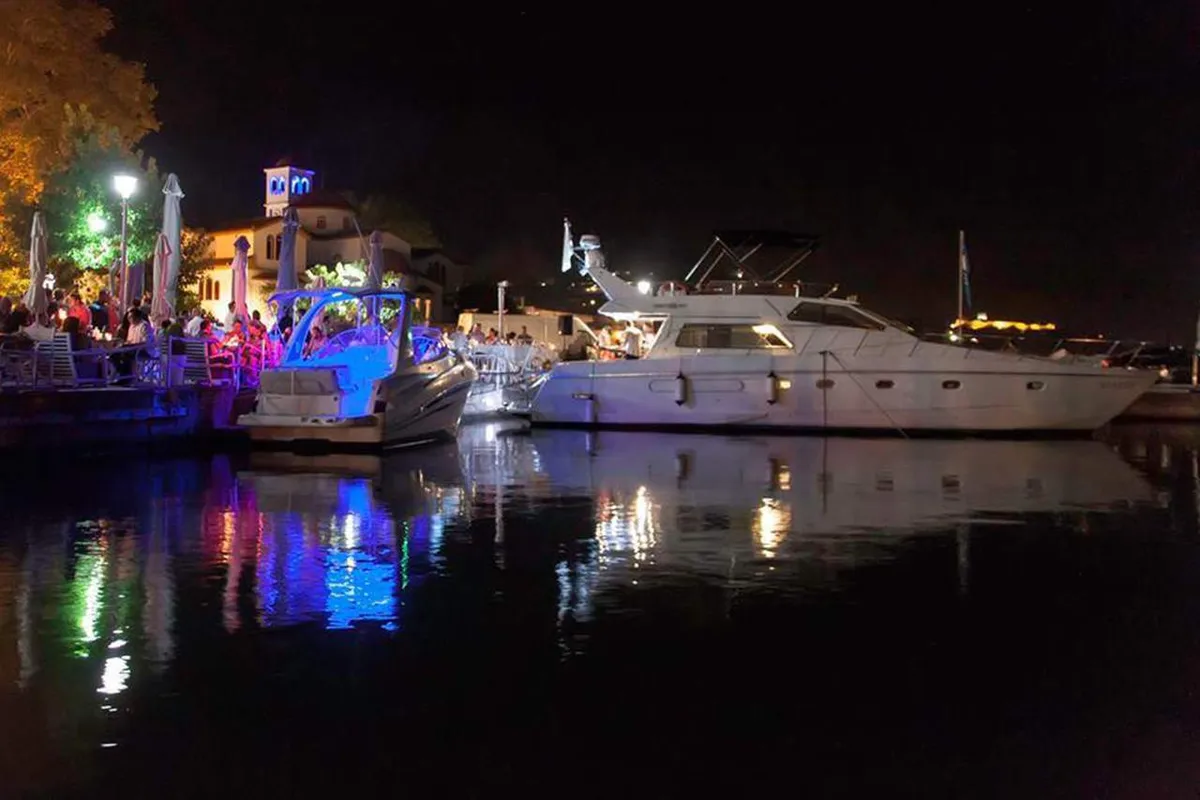 Exterior view of Ferretti 47, a Gulet Motoryacht motorboat at Mykonos, Greece