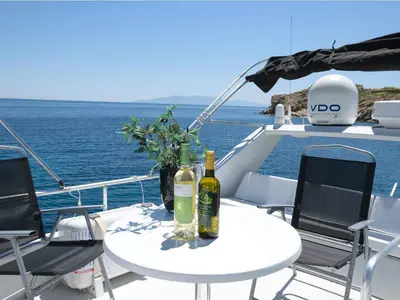 Deck of Ferretti 47, a Gulet Motoryacht motorboat at Mykonos, Greece