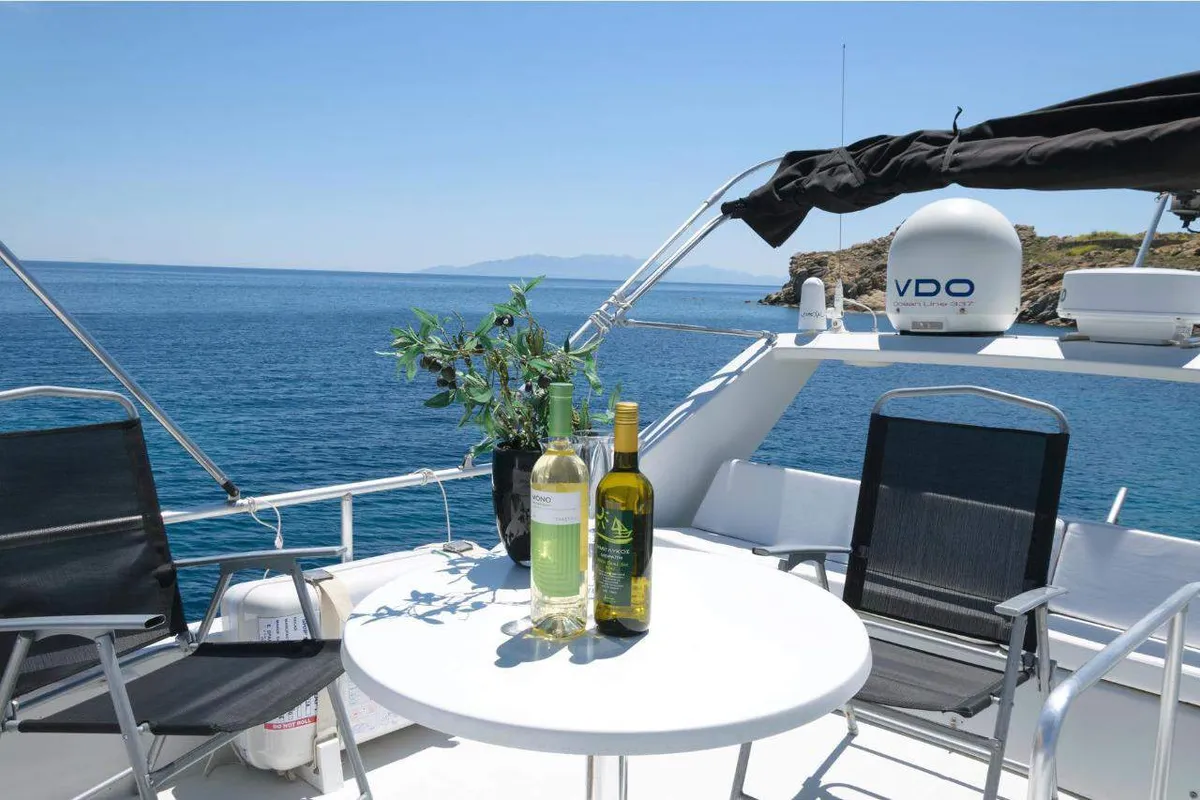 Deck of Ferretti 47, a Gulet Motoryacht motorboat at Mykonos, Greece