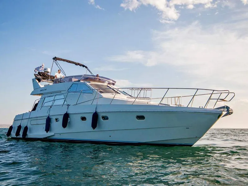 Exterior view of Ferretti 47, a Gulet Motoryacht motorboat at Mykonos, Greece