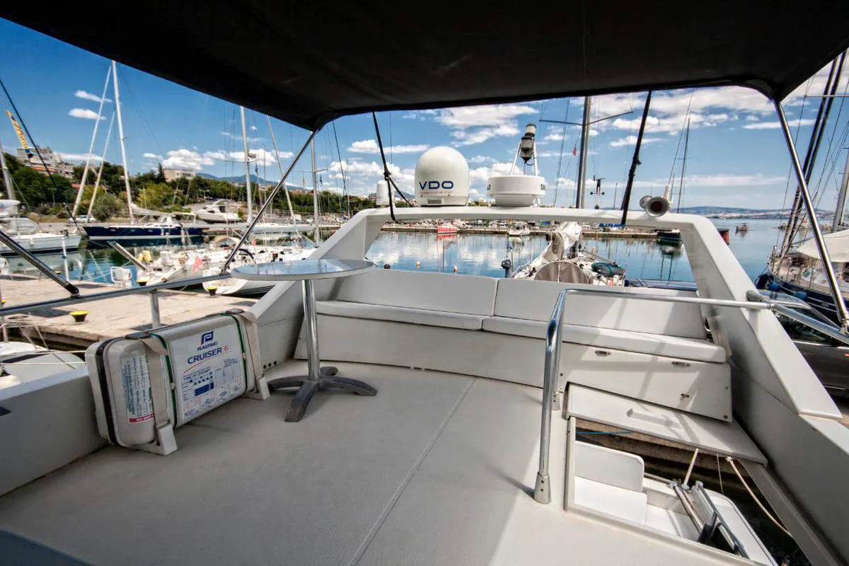 Deck of Ferretti 47, a Gulet Motoryacht motorboat at Mykonos, Greece