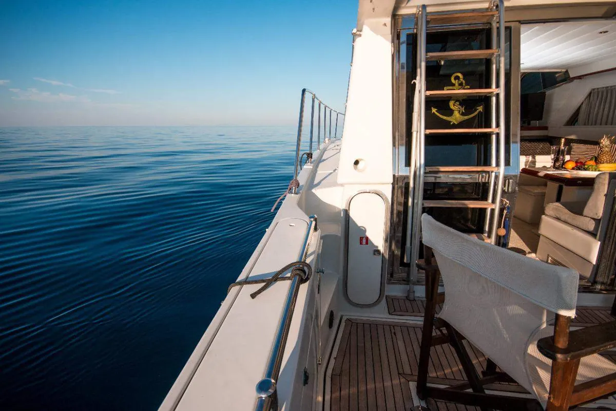 Deck of Ferretti 47, a Gulet Motoryacht motorboat at Mykonos, Greece