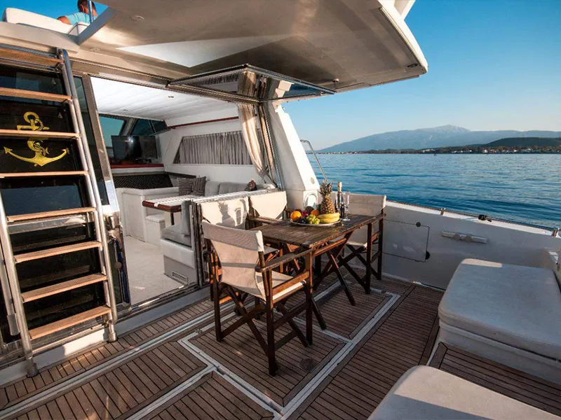 Deck of Ferretti 47, a Gulet Motoryacht motorboat at Mykonos, Greece