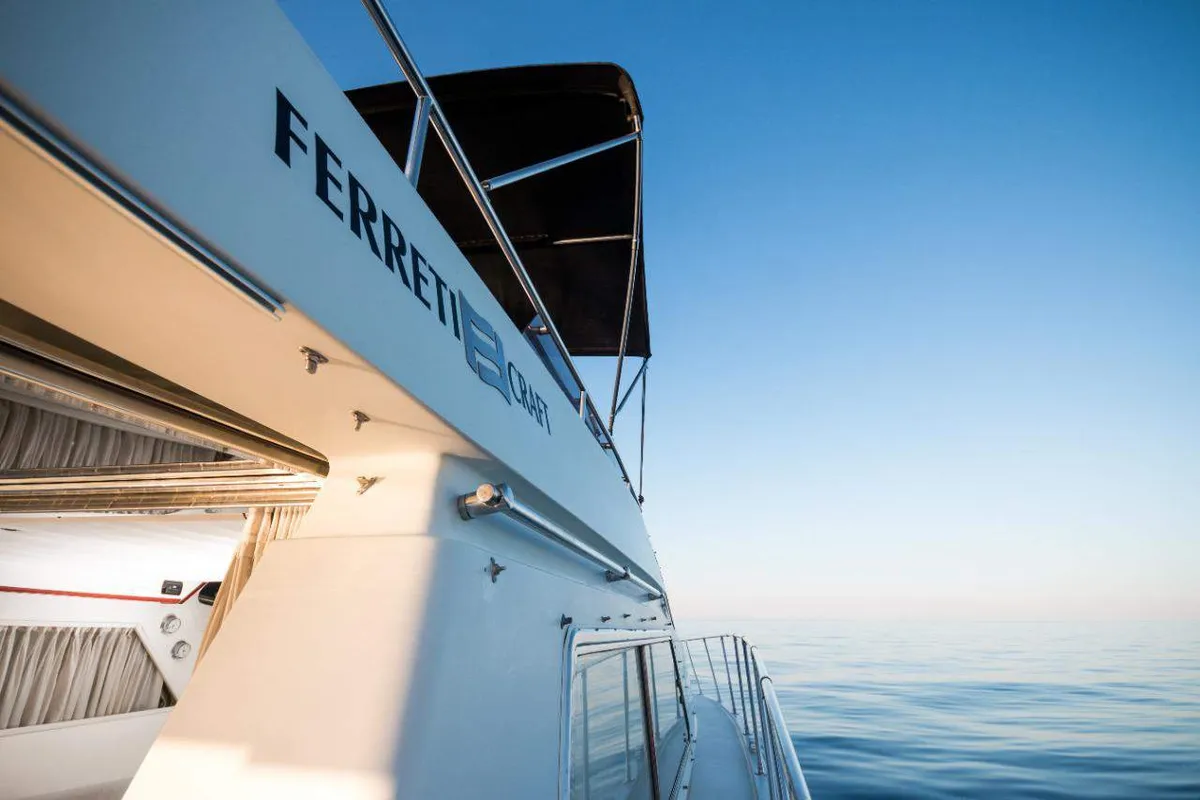 Exterior view of Ferretti 47, a Gulet Motoryacht motorboat at Mykonos, Greece