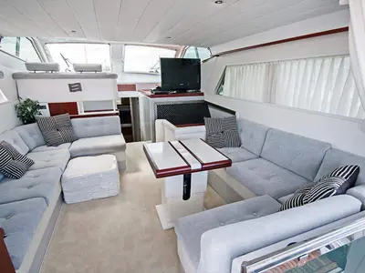 Salon of Ferretti 47, a Gulet Motoryacht motorboat at Mykonos, Greece