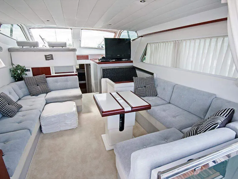 Salon of Ferretti 47, a Gulet Motoryacht motorboat at Mykonos, Greece