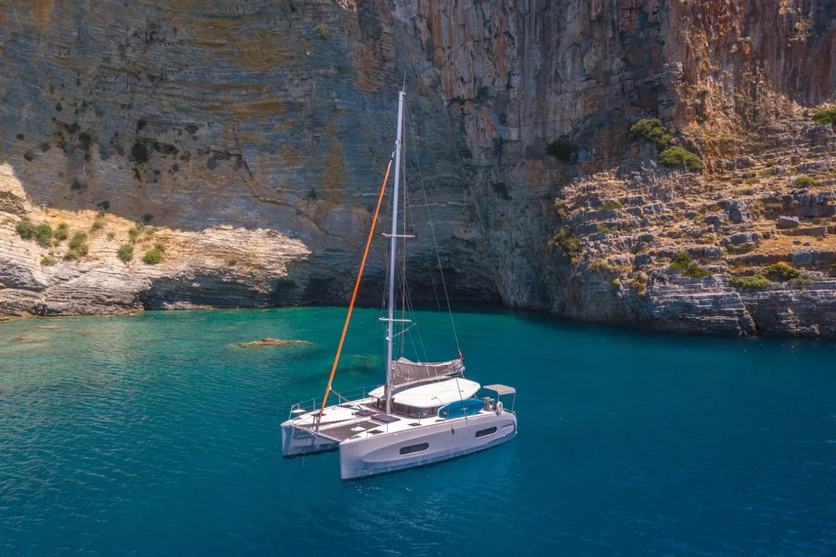 Exterior view of Lizzy, a Excess 11 - 4 + 1 + 1 cab. catamaran at Fethiye, Turkey