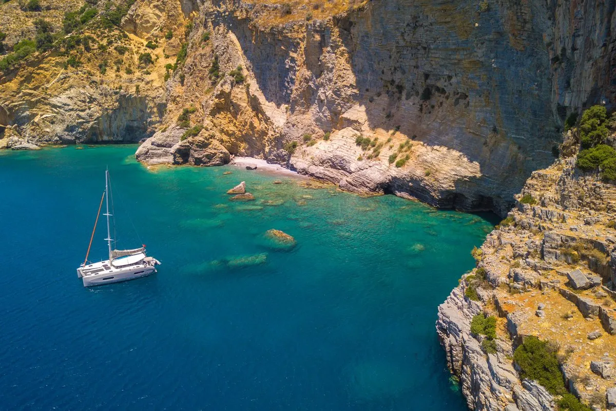 Exterior view of Lizzy, a Excess 11 - 4 + 1 + 1 cab. catamaran at Fethiye, Turkey