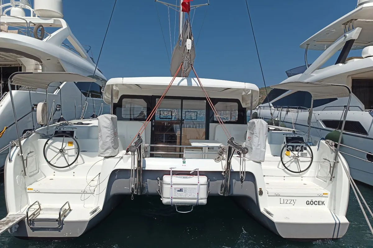 Deck of Lizzy, a Excess 11 - 4 + 1 + 1 cab. catamaran at Fethiye, Turkey