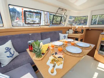 Salon of Lizzy, a Excess 11 - 4 + 1 + 1 cab. catamaran at Fethiye, Turkey