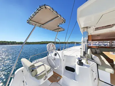Cockpit of Arpina, a Bali Catsmart catamaran at Grad Šibenik, Croatia