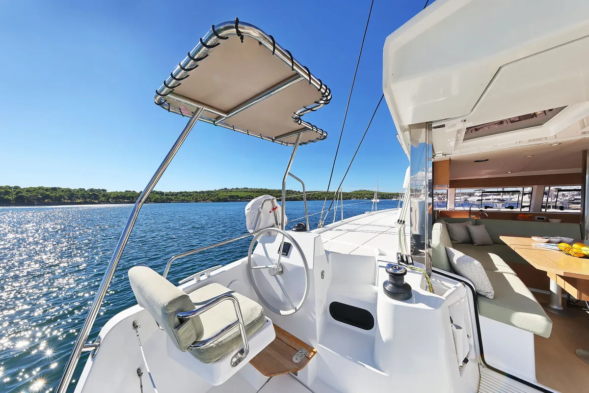 Cockpit of Arpina, a Bali Catsmart catamaran at Grad Šibenik, Croatia