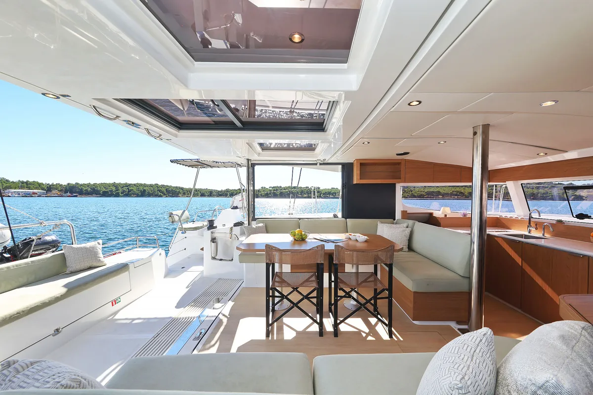 Salon of Arpina, a Bali Catsmart catamaran at Grad Šibenik, Croatia