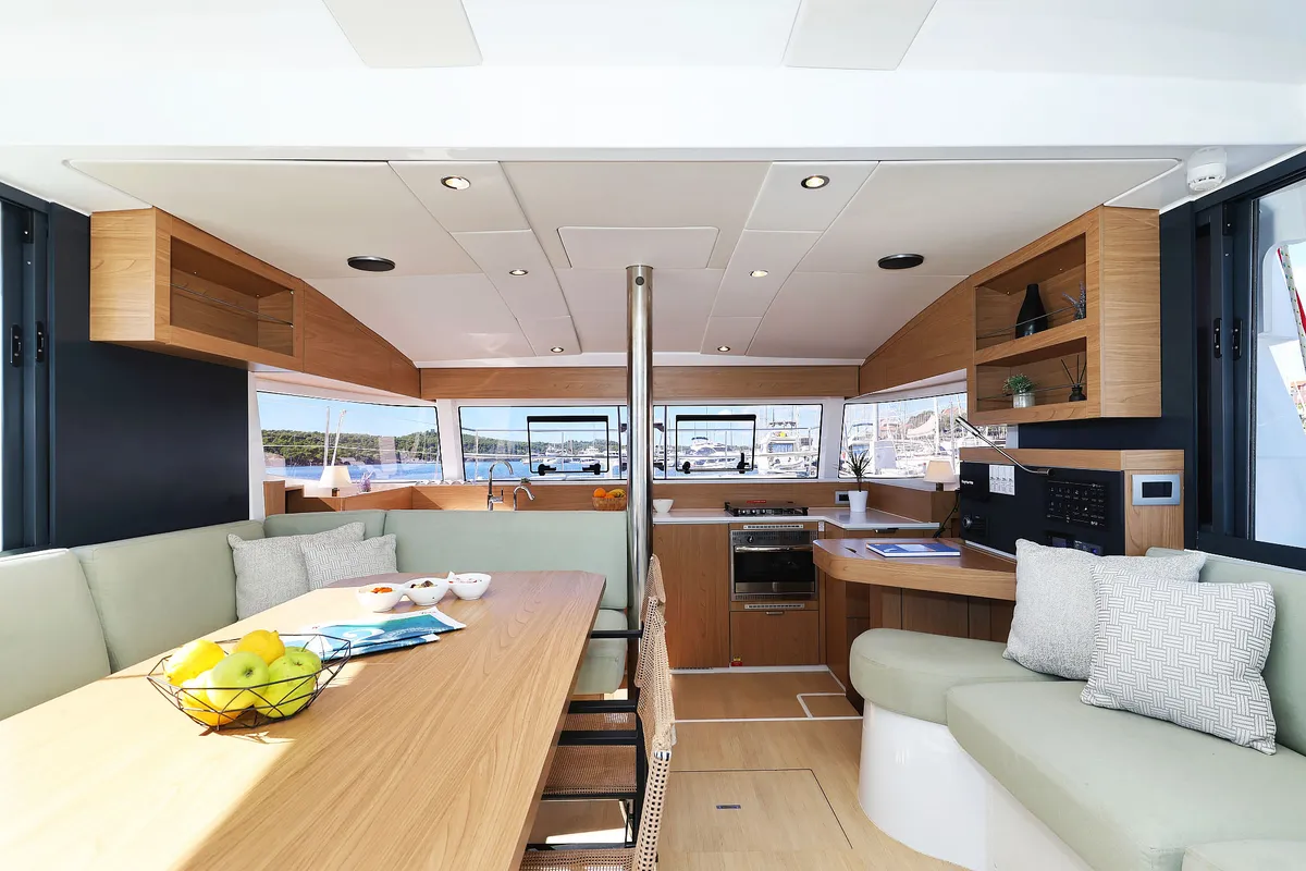 Salon of Arpina, a Bali Catsmart catamaran at Grad Šibenik, Croatia