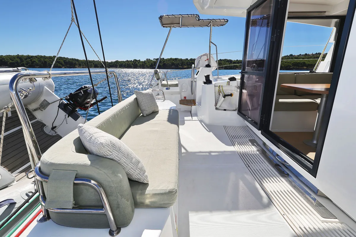Deck of Arpina, a Bali Catsmart catamaran at Grad Šibenik, Croatia