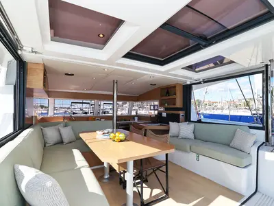 Salon of Arpina, a Bali Catsmart catamaran at Grad Šibenik, Croatia
