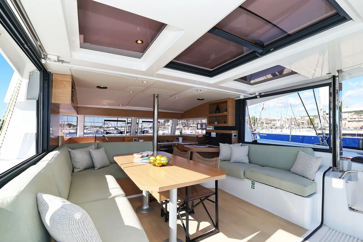 Salon of Arpina, a Bali Catsmart catamaran at Grad Šibenik, Croatia