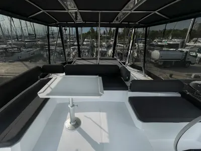 Deck of E. M, a Bali 4.6 catamaran at Athens, Greece