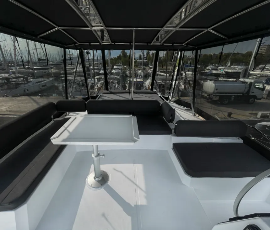 Deck of E. M, a Bali 4.6 catamaran at Athens, Greece