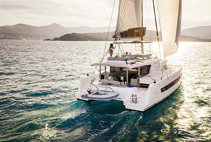Exterior view of E. M, a Bali 4.6 catamaran at Athens, Greece