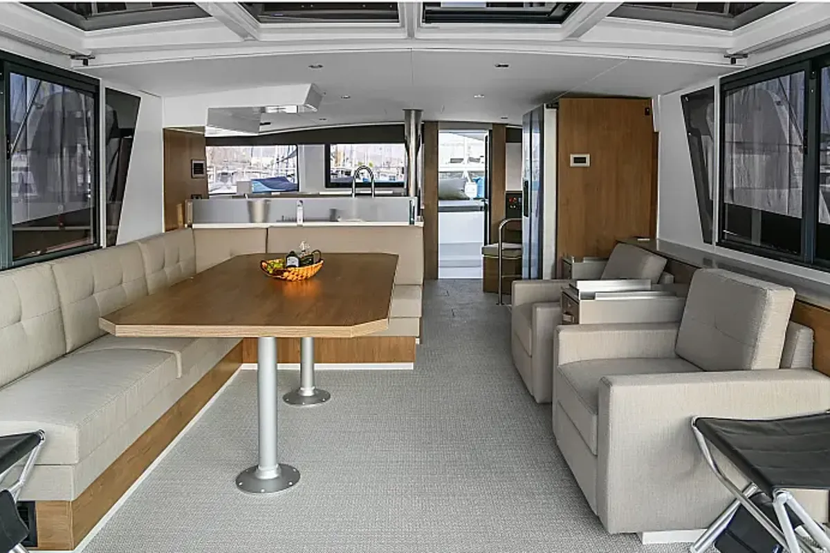 Salon of E. M, a Bali 4.6 catamaran at Athens, Greece