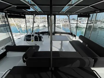 Salon of E. M, a Bali 4.6 catamaran at Athens, Greece