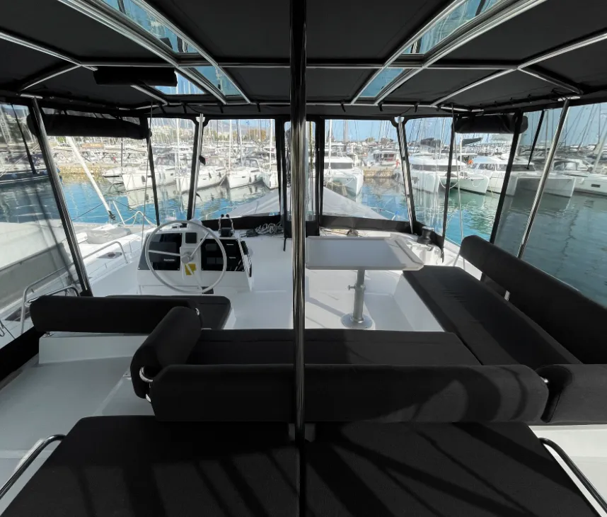 Salon of E. M, a Bali 4.6 catamaran at Athens, Greece