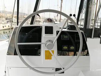 Cockpit of E. M, a Bali 4.6 catamaran at Athens, Greece