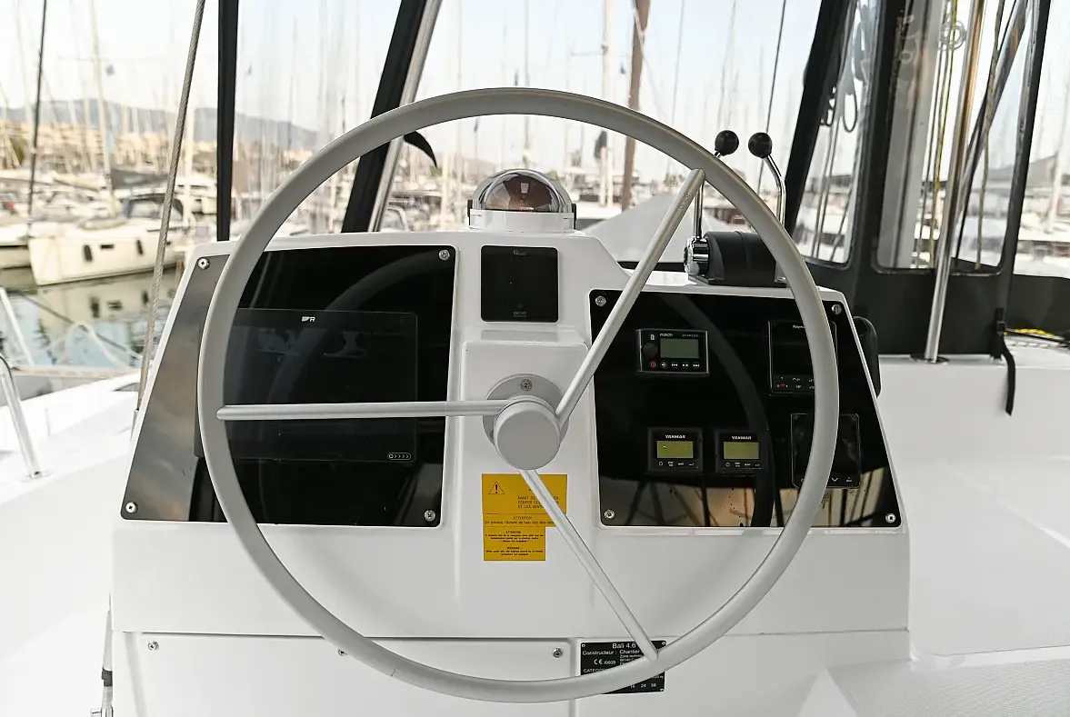 Cockpit of E. M, a Bali 4.6 catamaran at Athens, Greece