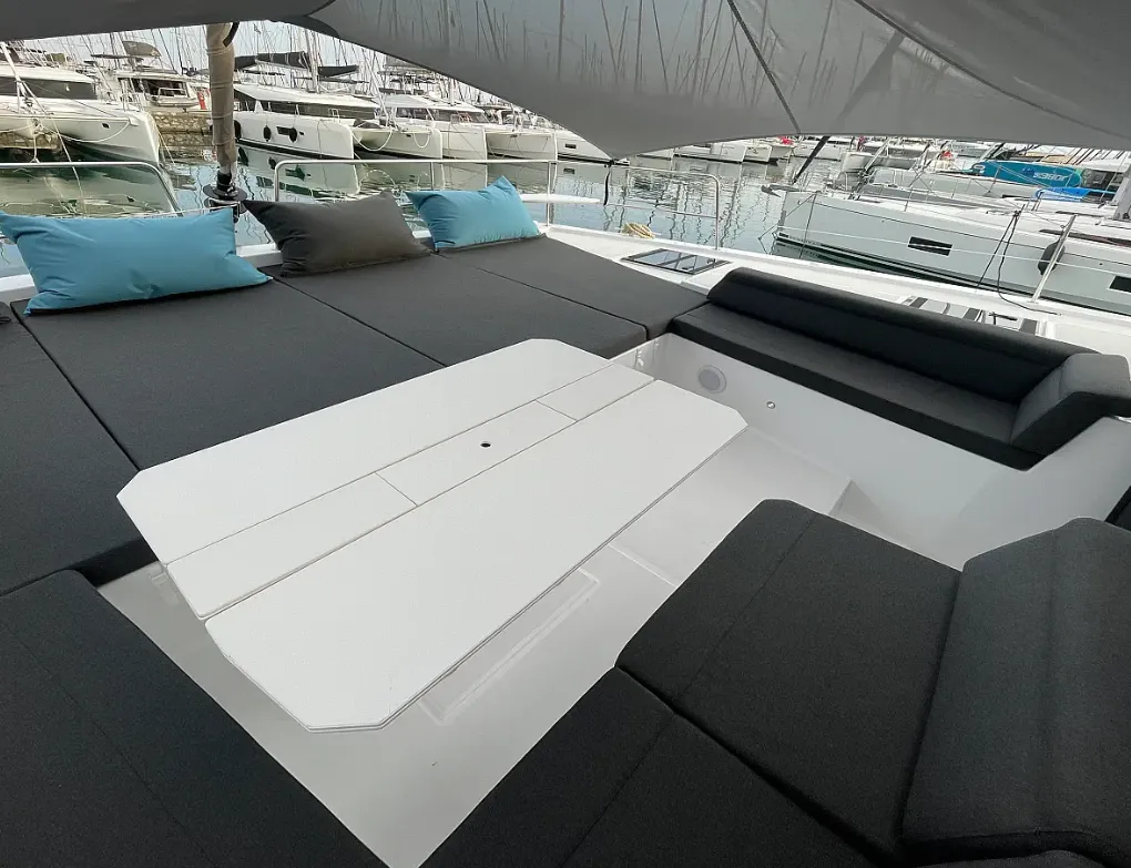Deck of E. M, a Bali 4.6 catamaran at Athens, Greece
